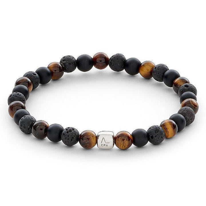Alexander Lynggaard Armband Los Angeles 6mm met bruine tijgeroogkralen, zwarte lavakralen en matzwarte details. Modelc20013-001.
