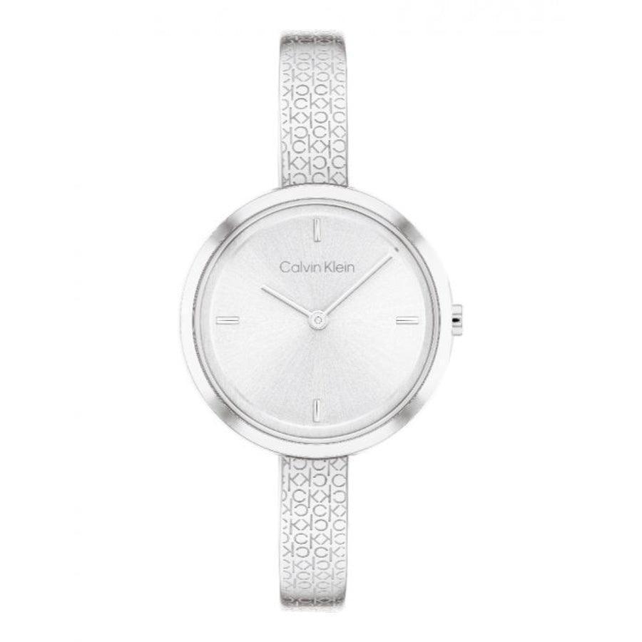Calvin Klein Beam Dameshorloge met zilveren wijzerplaat en glanzende CK-patroon band, elegant horloge. Model25200181.