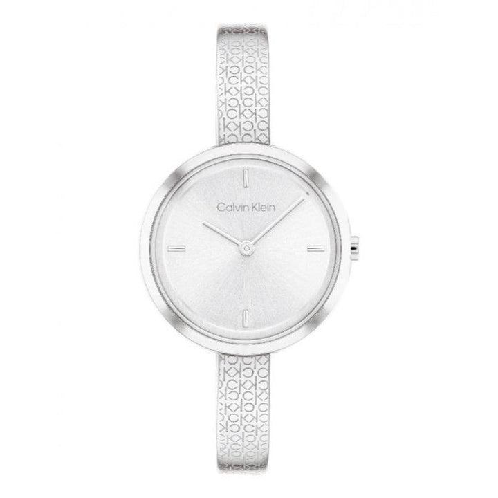 Calvin Klein Beam Dameshorloge met zilveren wijzerplaat en glanzende CK-patroon band, elegant horloge. Model25200181.