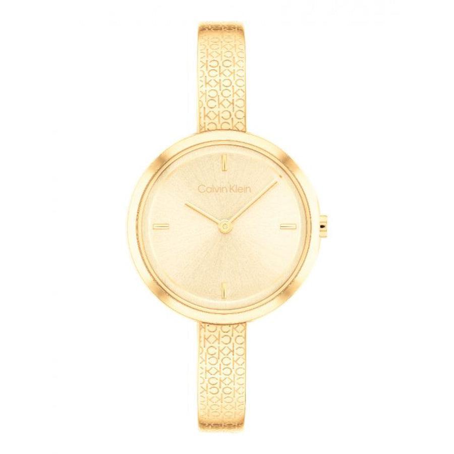 Calvin Klein Beam Dameshorloge, elegant gouden dameshorloge met band met patroon en minimalistische wijzerplaat. Model 25200182