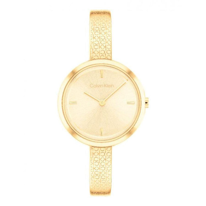 Calvin Klein Beam Dameshorloge, elegant gouden dameshorloge met band met patroon en minimalistische wijzerplaat. Model 25200182