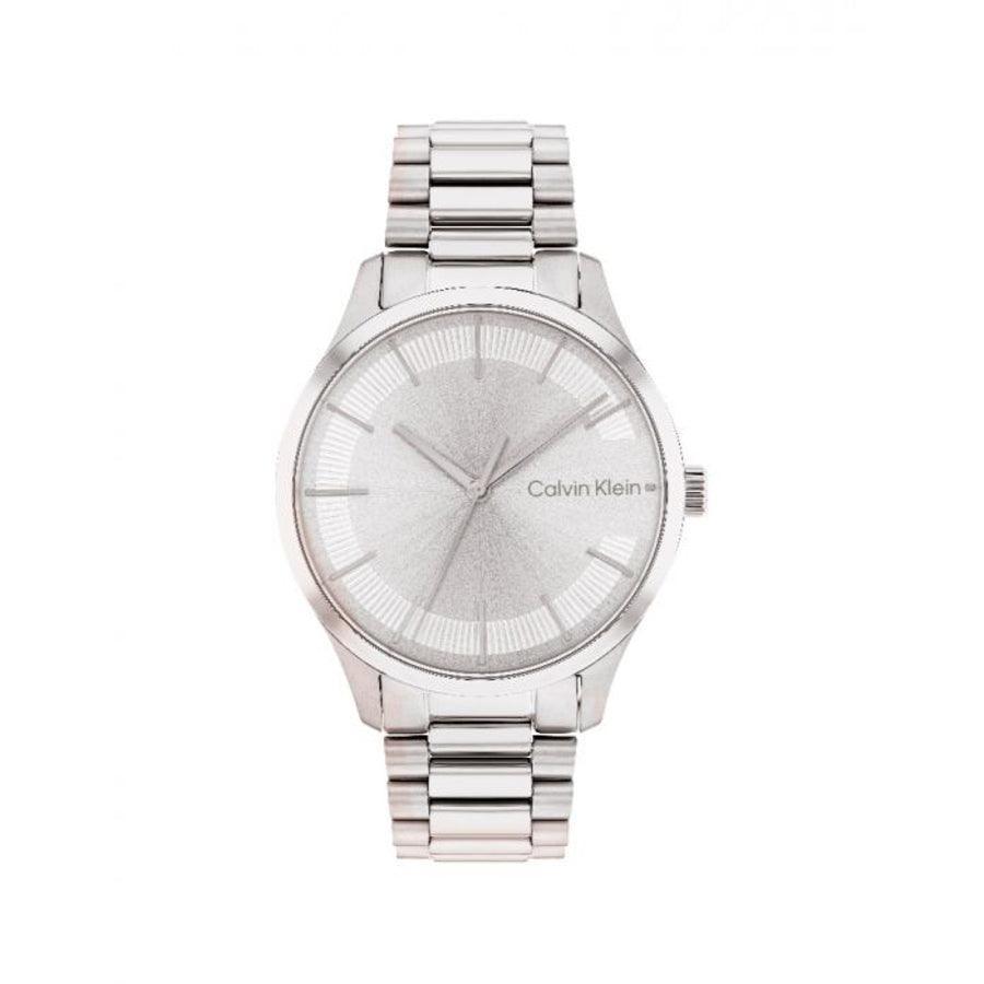 Calvin Klein iconisch damesarmbandhorloge met zilverkleurige stalen band en minimalistische wijzerplaat. Model25200041.