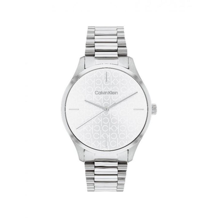 Calvin Klein Iconisch dameshorloge met zilverkleurige kast en ketting, witte wijzerplaat met patroon. Model 25200168-25200168-1