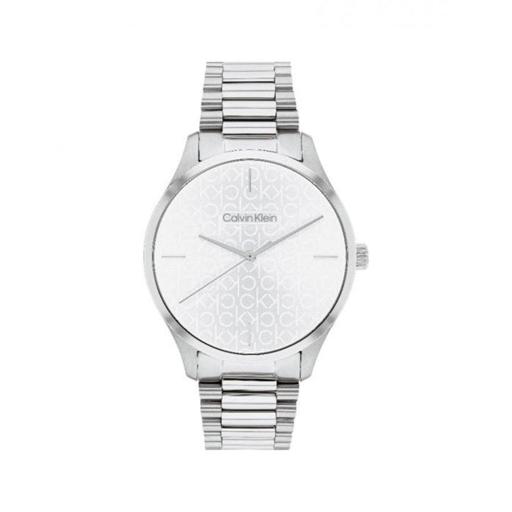 Calvin Klein Iconisch dameshorloge met zilverkleurige kast en ketting, witte wijzerplaat met patroon. Model 25200168-25200168-1