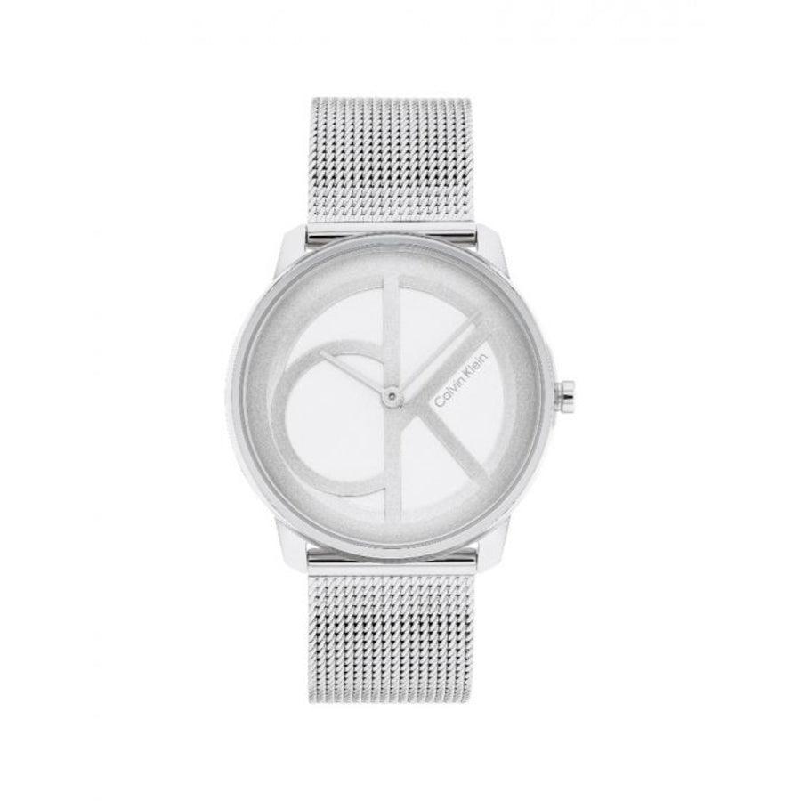 Calvin Klein Iconic Mesh dameshorloge met zilveren mesh band en minimalistische wijzerplaat. Model25200032.