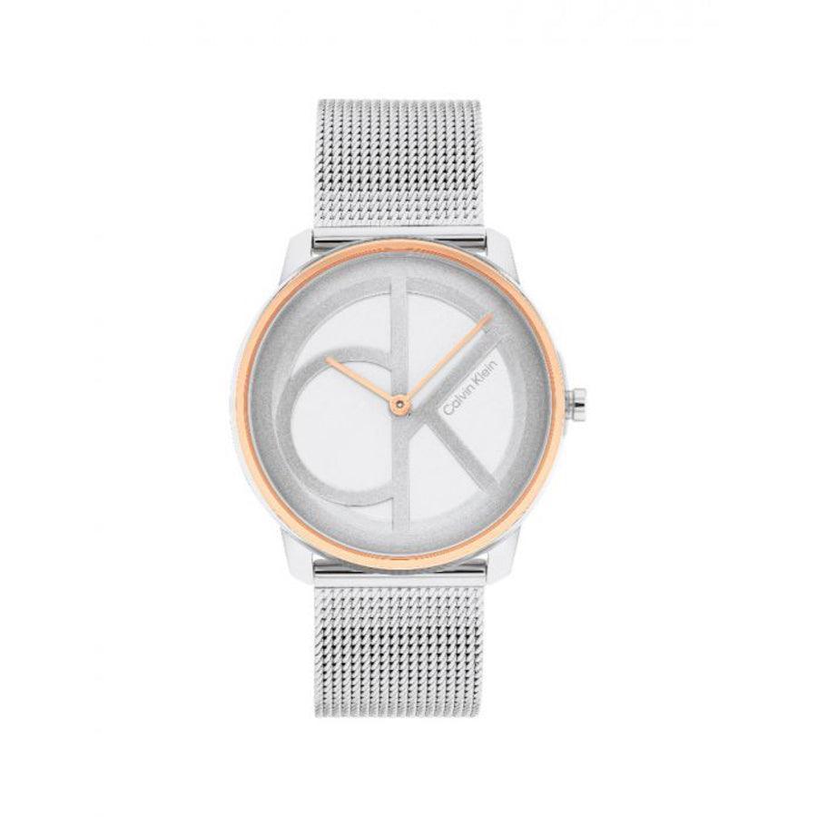 Calvin Klein Iconic Mesh dameshorloge, ronde wijzerplaat met zilveren mesh band en gouden rand. Model25200033
