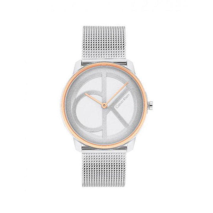 Calvin Klein Iconic Mesh dameshorloge, ronde wijzerplaat met zilveren mesh band en gouden rand. Model25200033