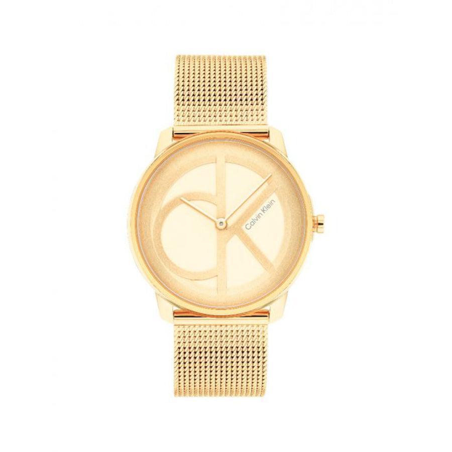 Calvin Klein Iconic Mesh dameshorloge met gouden mesh band en discreet logo op de wijzerplaat. Model 25200034-25200034-1.