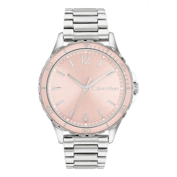 Calvin Klein Lively dameshorloge met ronde roségouden wijzerplaat en zilverkleurige metalen band, zichtbaar vanaf de voorkant. Model25200096.