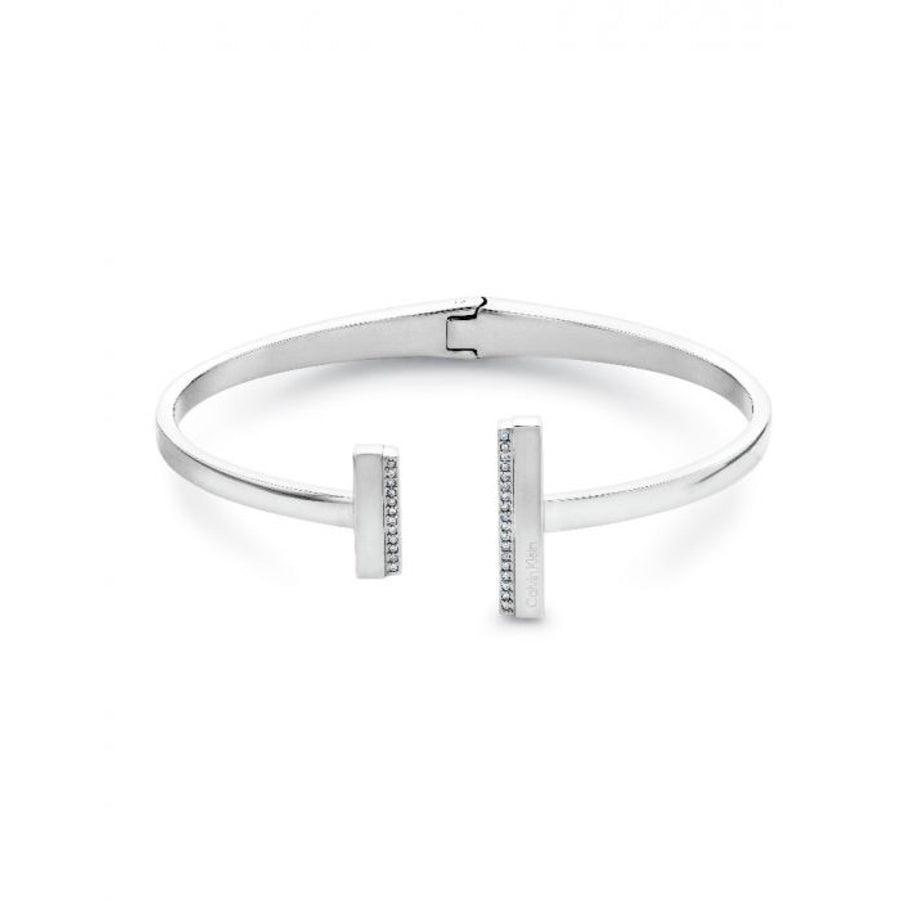 Calvin Klein Minimal Linear Bangle-armband van gepolijst staal met rechthoekige uiteinden en discrete stenen. Model35000160