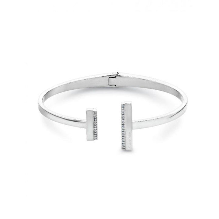 Calvin Klein Minimal Linear Bangle-armband van gepolijst staal met rechthoekige uiteinden en discrete stenen. Model35000160