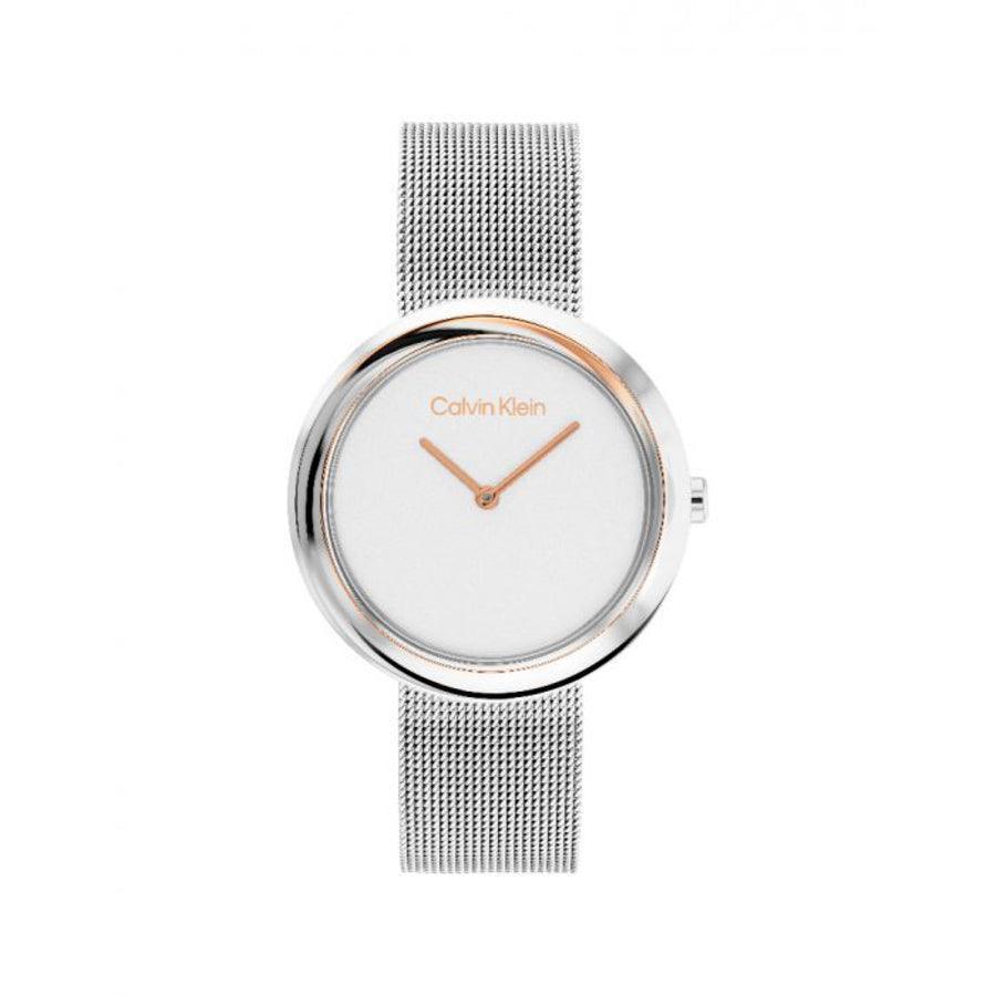 Calvin Klein Twisted Bezel dameshorloge met zilveren mesh band en minimalistische witte wijzerplaat. Model 25200011-1.