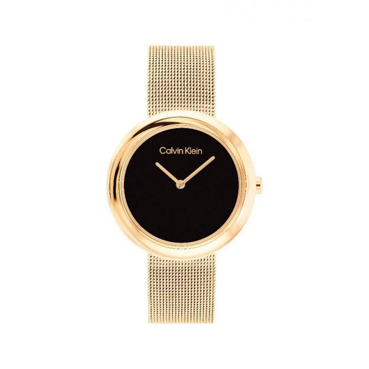 Calvin Klein Twisted Bezel dameshorloge in goud met zwarte wijzerplaat en mesh band, model 25200012-25200012-1.