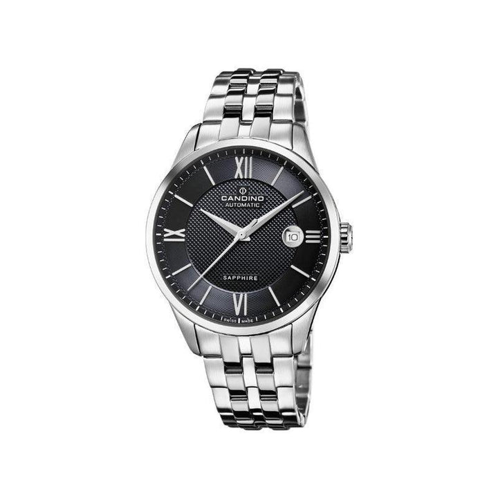 Candino automatisch herenhorloge met zwarte wijzerplaat, Romeinse cijfers en stalen schakel, model C47053-C47053-1