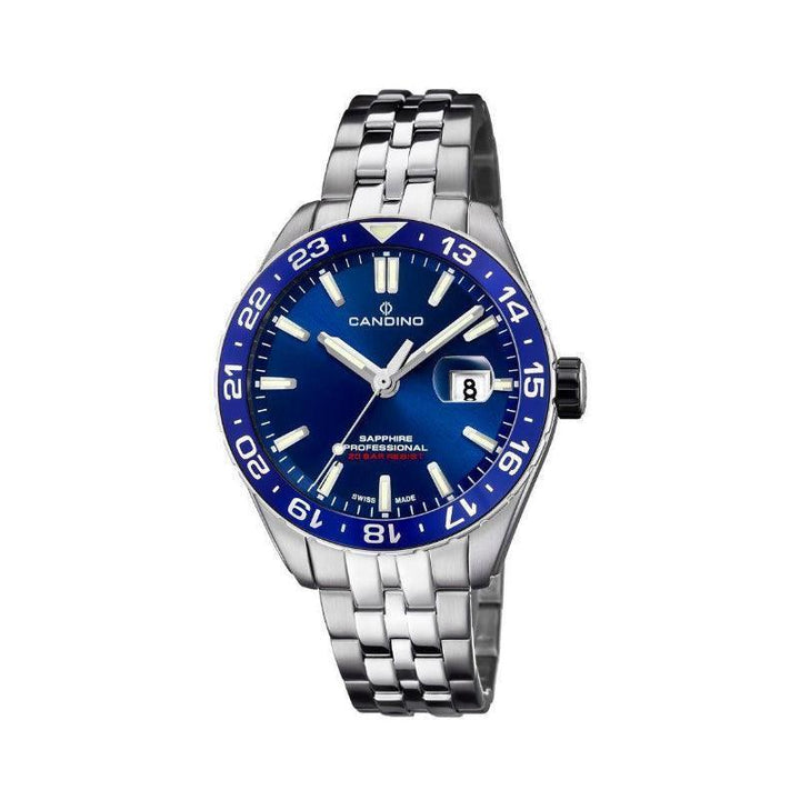 Candino Diver herenhorloge C4717/2 met blauwe wijzerplaat en stalen ketting, vooraanzicht. ModelC4717/2.