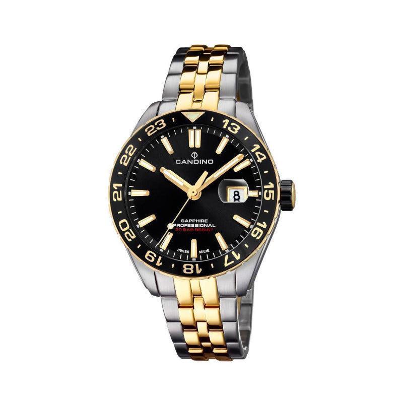 Candino Diver herenhorloge C4718/3 met zwarte wijzerplaat, gouden en stalen ketting, in detail weergegeven. ModelC4718/3