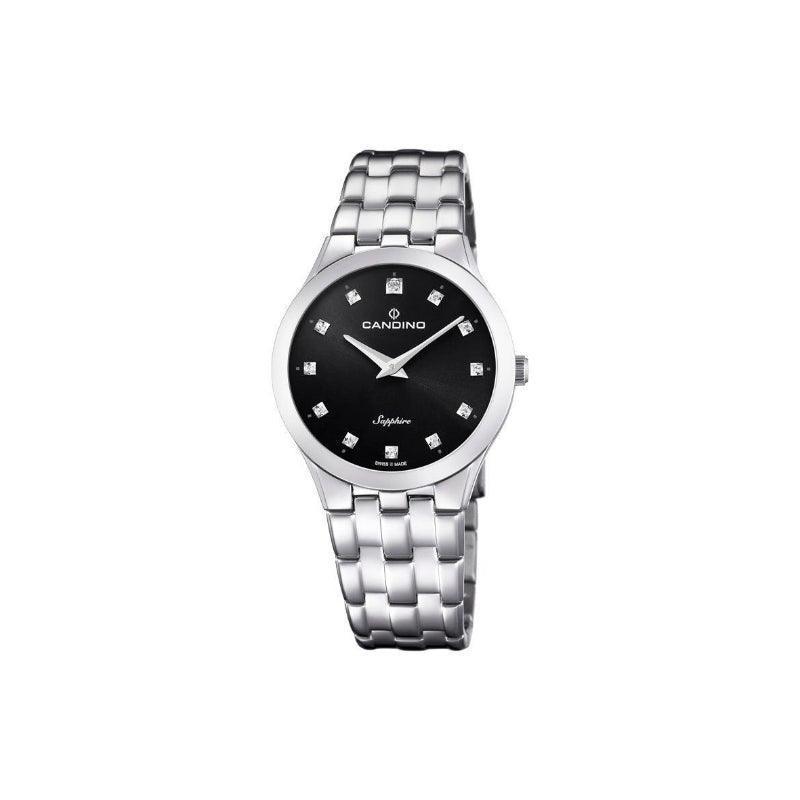 Candino Petite Ladies Watch C47003 horloge met zwarte wijzerplaat, markeringen en zilverkleurige ketting. ModelC47003-1
