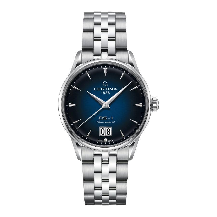 Certina DS-1 Big Date Powermatic 80 herenhorloge met blauwe wijzerplaat en stalen schakel. ModelC0294261104100