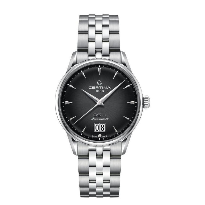 Certina DS-1 Big Date Powermatic 80 herenhorloge zwarte wijzerplaat met stalen ketting, model C0294261105100