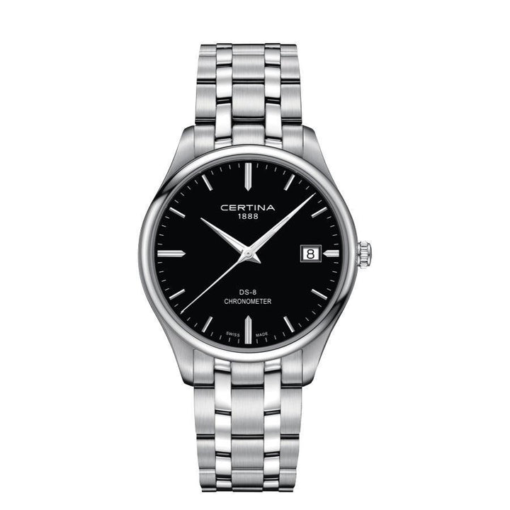 Certina DS-8 herenhorloge stalen ketting met zwarte wijzerplaat, elegant zilverkleurig horloge met datum. ModelC0334511105100.