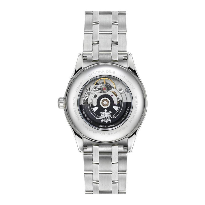 Certina DS-8 stalen polshorloge afgebeeld vanaf de achterkant met zichtbaar automatisch uurwerk en zilverkleurige ketting. ModelC0334281104100