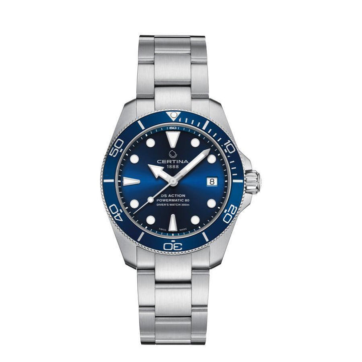 Certina DS Action Powermatic 80 met blauwe wijzerplaat en zilverstalen ketting. ModelC0328071104100.