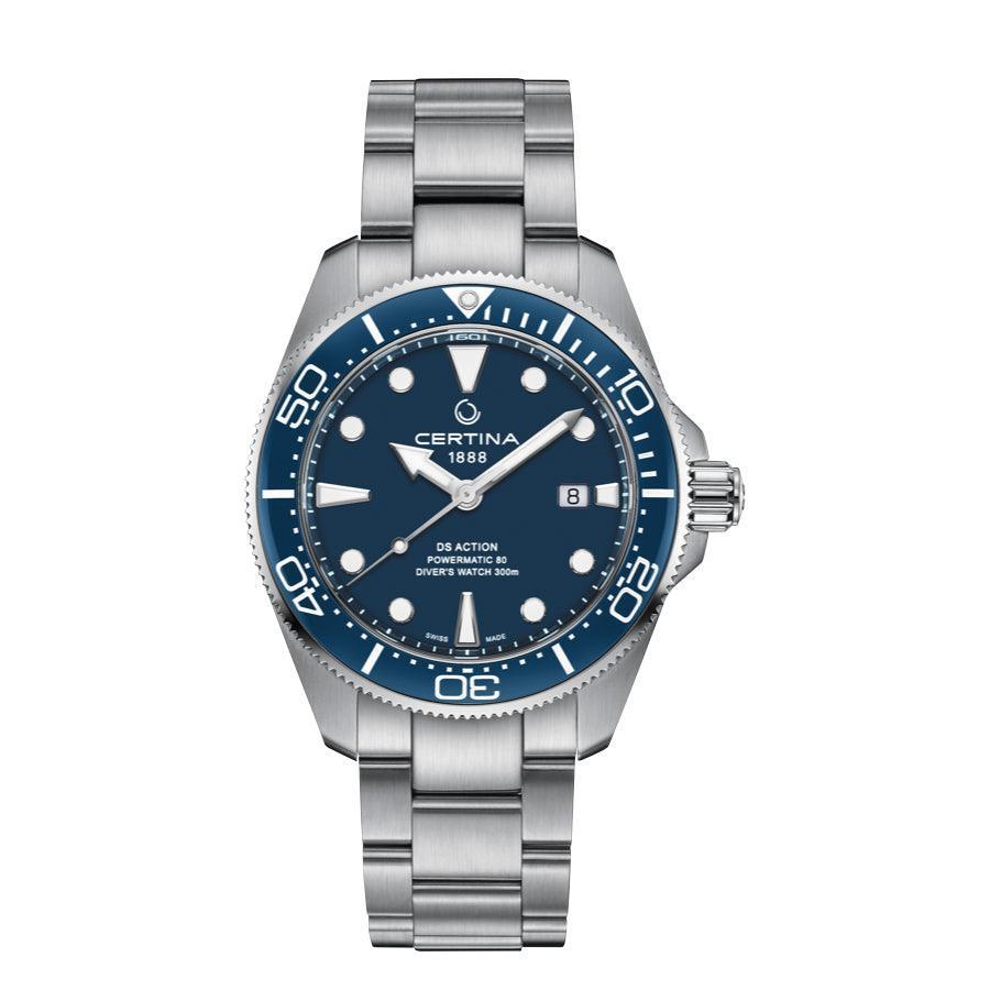 Certina DS Action Powermatic 80 herenhorloge met blauwe wijzerplaat en zilverkleurige stalen ketting. ModelC0326071104100