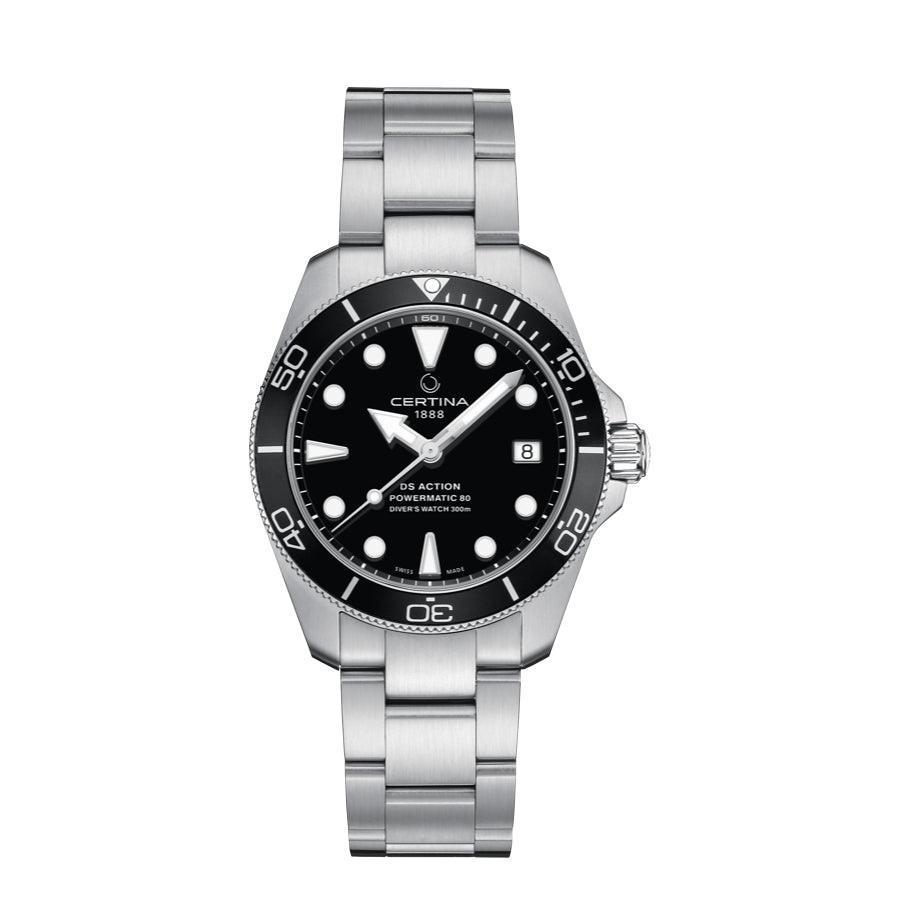 Certina DS Action Powermatic 80 met zwarte wijzerplaat en stalen schakel, sportief duikhorloge. ModelC0328071105100