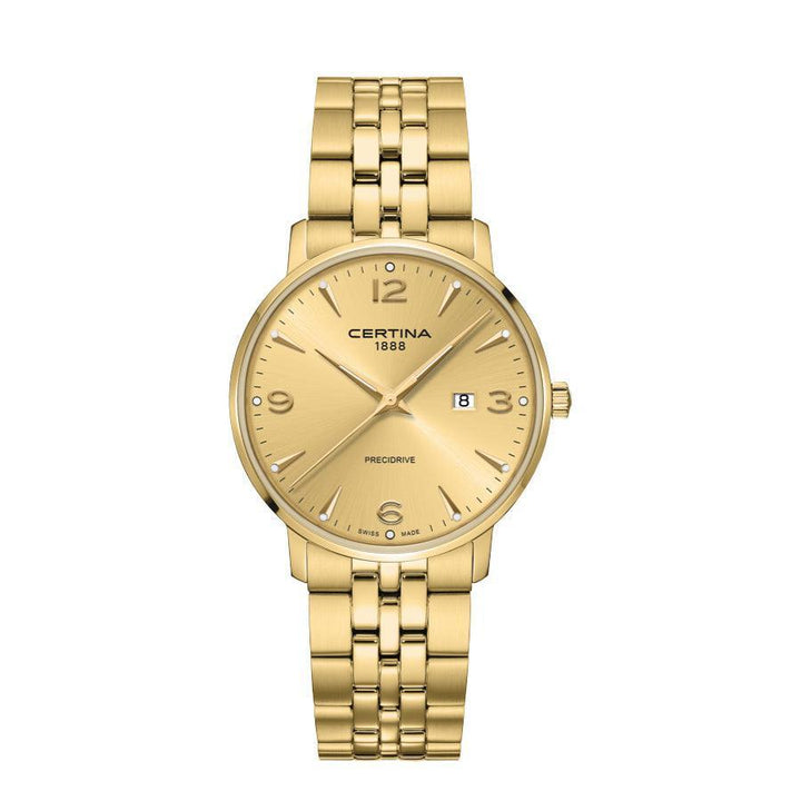 Certina DS Caimano herenhorloge goud PVD met gouden wijzerplaat, datum en klassieke schakel. ModelC0354103336700