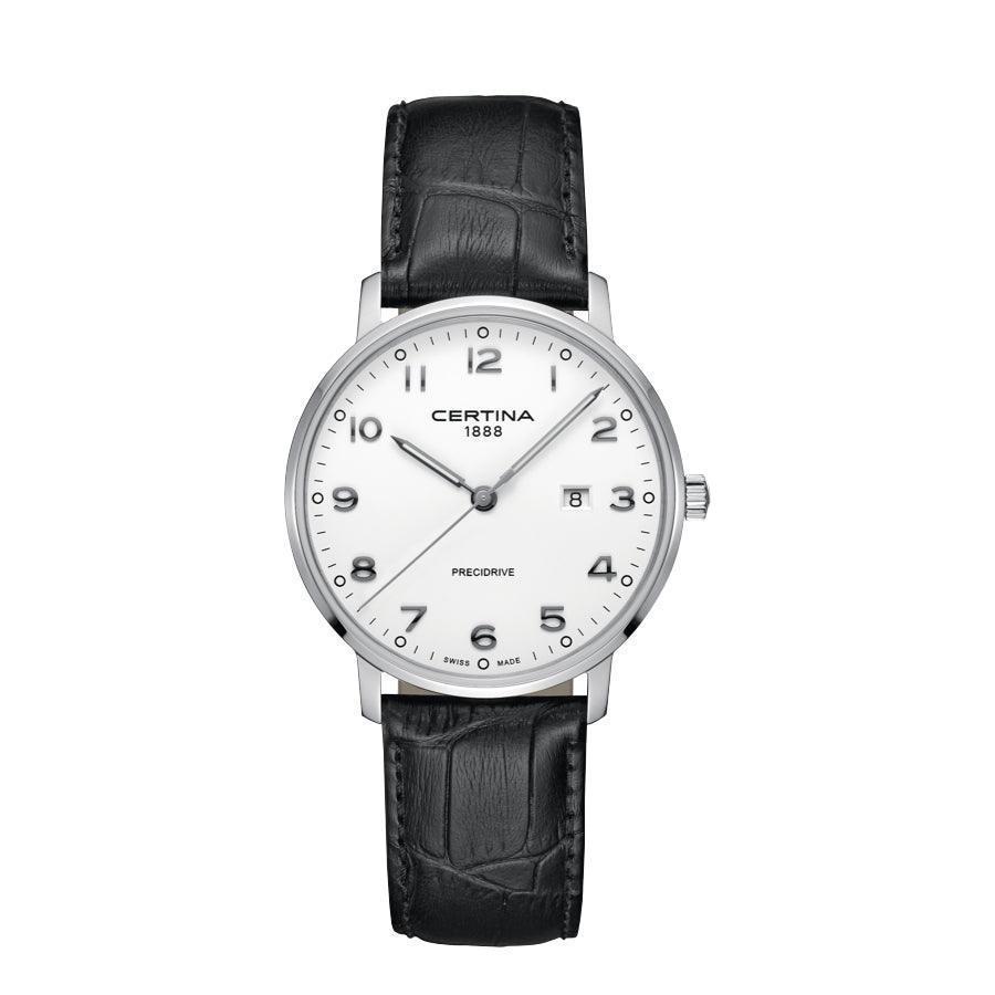 Certina DS Caimano herenhorloge met witte wijzerplaat en zwart leren band. ModelC0354101601200.