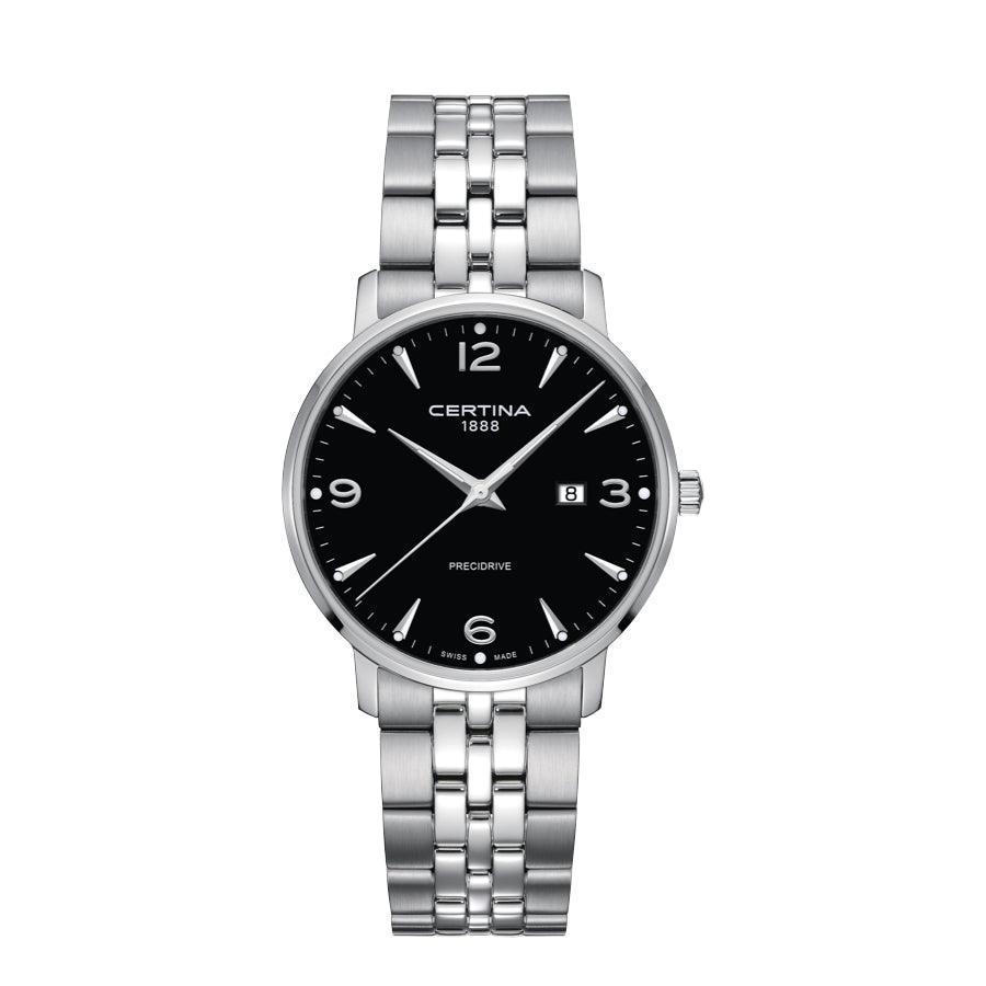 Certina DS Caimano herenhorloge zwarte wijzerplaat met datum en zilverkleurige stalen ketting. ModelC0354101105700