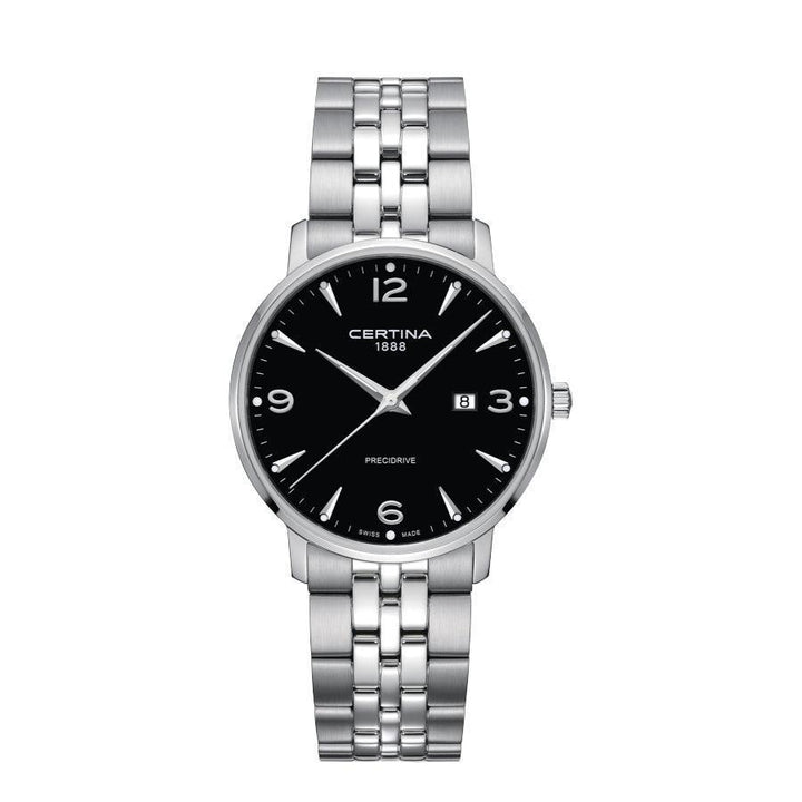 Certina DS Caimano herenhorloge zwarte wijzerplaat met datum en zilverkleurige stalen ketting. ModelC0354101105700