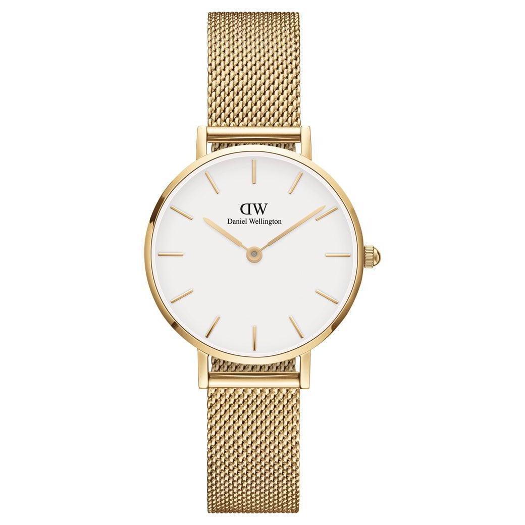 Daniel Wellington Classic Petite Evergold 28 mm polshorloge met mesh gouden band en witte wijzerplaat. ModelDW00100350.