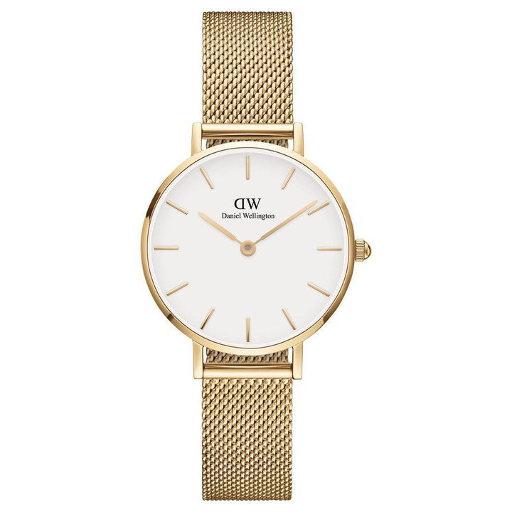 Daniel Wellington Classic Petite Evergold 28 mm polshorloge met mesh gouden band en witte wijzerplaat. ModelDW00100350.