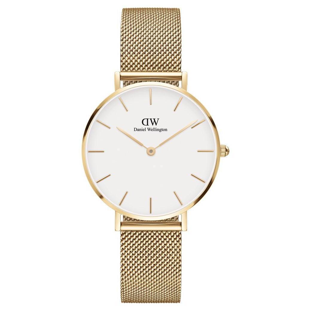 Daniel Wellington Classic Petite Evergold 32 mm horloge met witte wijzerplaat en gouden mesh band. Model DW00100348-adw00100348.