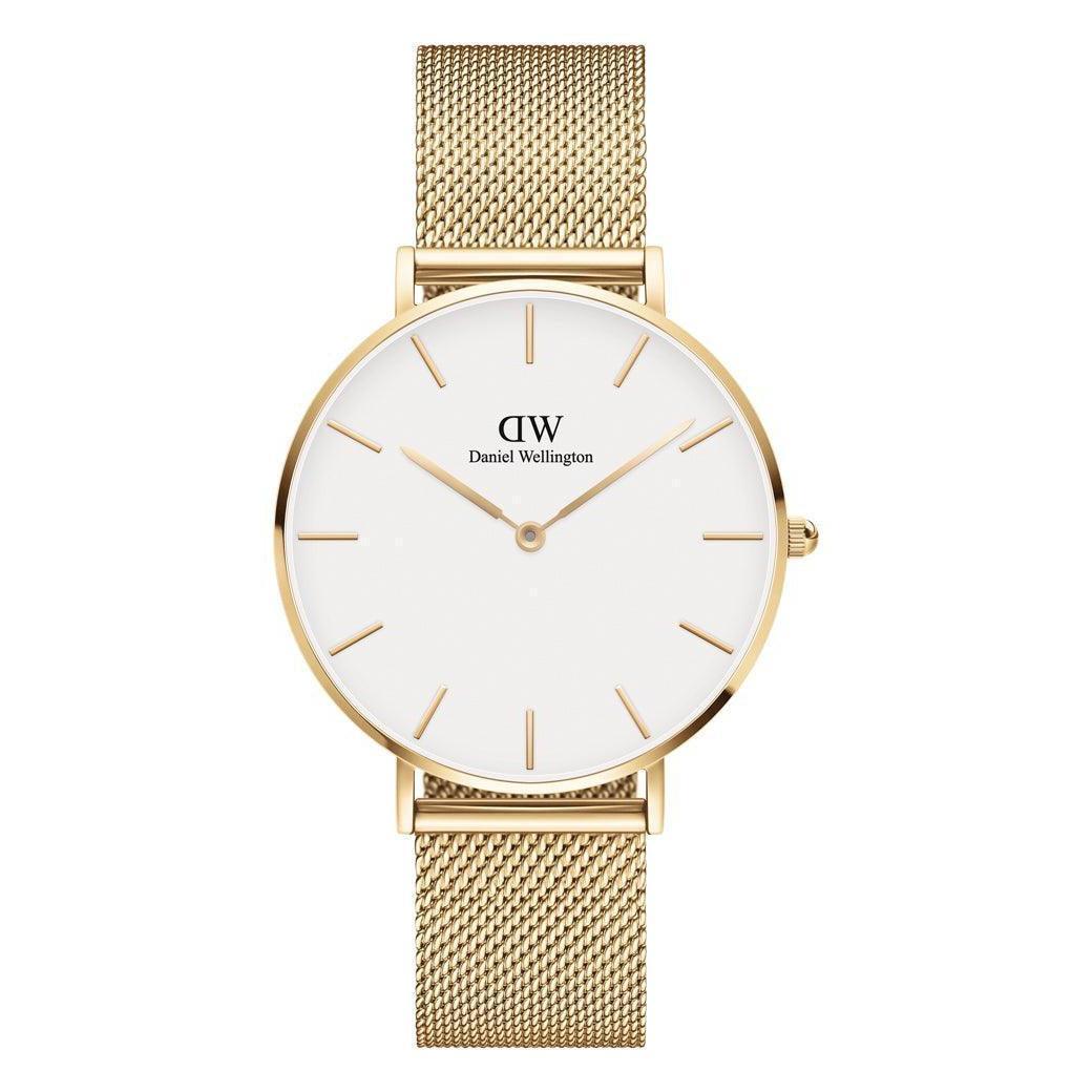 Daniel Wellington Classic Petite Evergold 36 mm horloge met witte wijzerplaat en gouden mesh band. ModelDW00100346