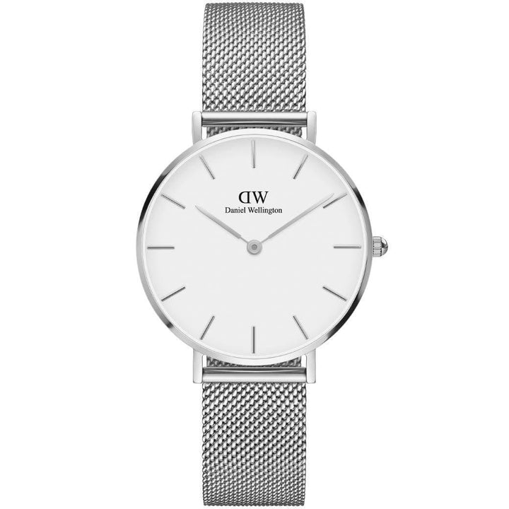 Daniel Wellington Classic Petite Sterling 32 mm toont een elegant polshorloge in zilver met een mesh band. ModelDW00100164.