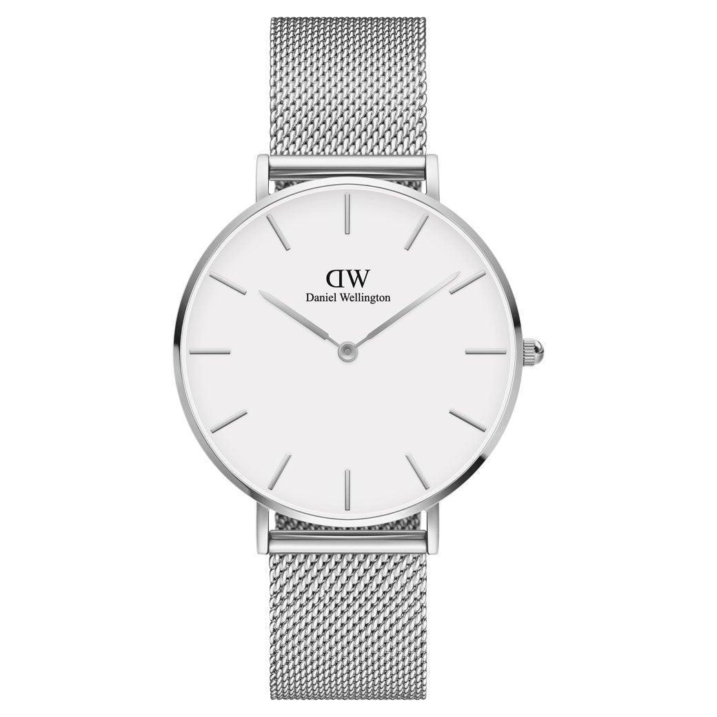 Daniel Wellington Classic Petite Sterling 36 mm horloge met zilveren mesh band en witte wijzerplaat, model DW00100306-ADW00100306.