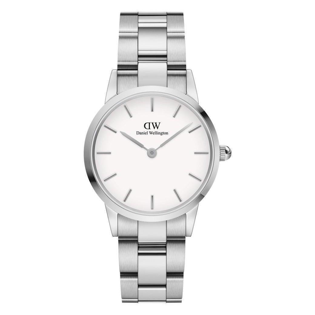 Daniel Wellington Iconic Link 28 mm toont een elegant zilveren polshorloge met een witte wijzerplaat. ModelDW00100207.