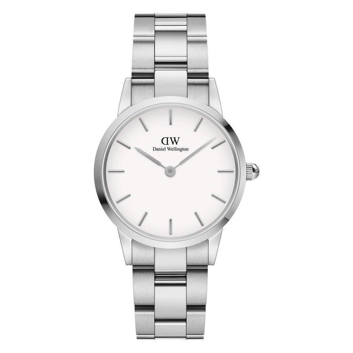 Daniel Wellington Iconic Link 28 mm toont een elegant zilveren polshorloge met een witte wijzerplaat. ModelDW00100207.