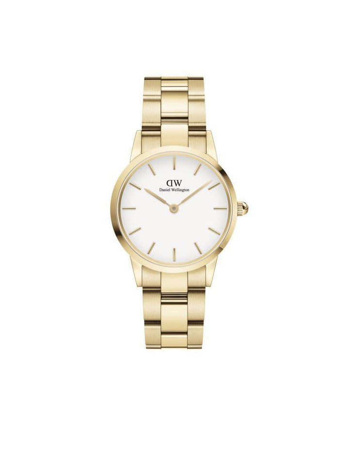 Daniel Wellington Iconic Link 28 mm gepresenteerd met goudkleurige schakel en witte wijzerplaat. ModelDW00100567.