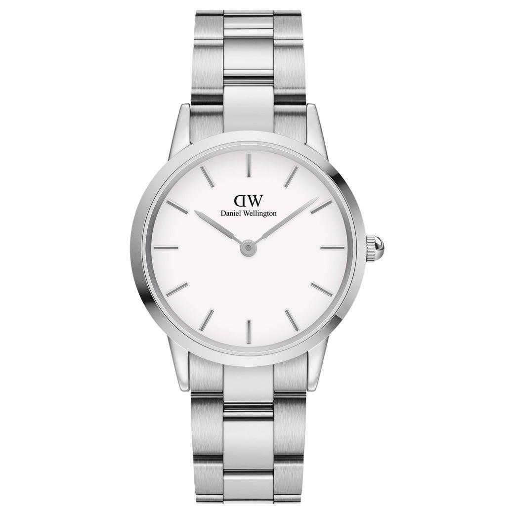 Daniel Wellington Iconic Link 32 mm horloge met zilverkleurige stalen ketting en witte wijzerplaat. ModelDW00100205.