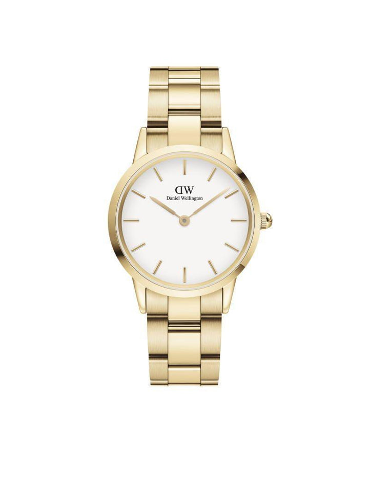 Daniel Wellington Iconic Link 32 mm, afgebeeld met gouden stalen ketting en witte wijzerplaat, model DW00100565.