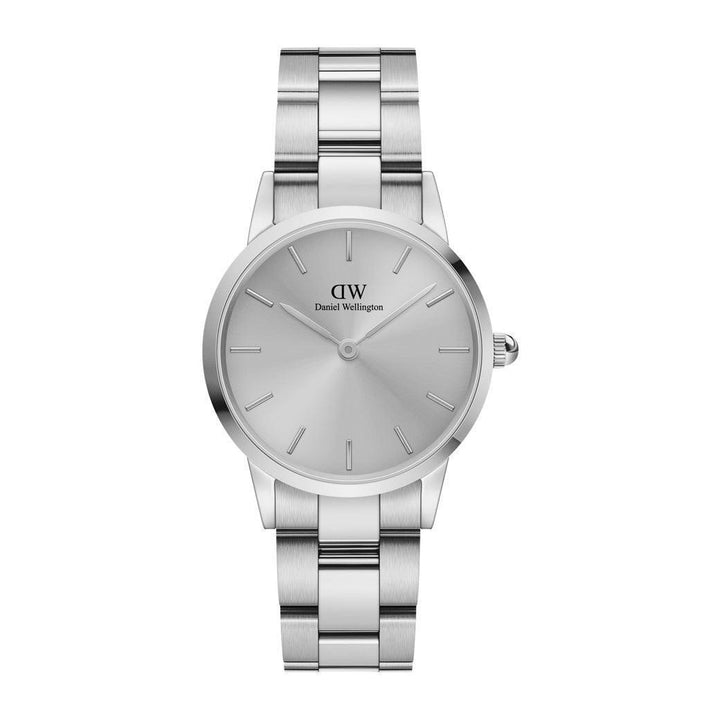 Daniel Wellington Iconic Link Unitone 28 mm toont een elegant zilveren horloge met gepolijste stalen kast en armband. ModelDW00100402