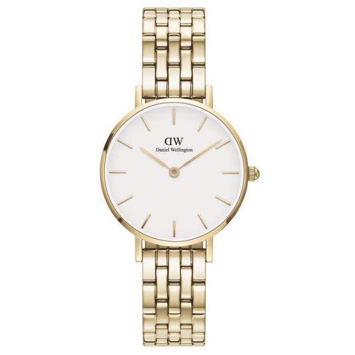 Daniel Wellington Petite Link Gold toont een elegant polshorloge van goudkleurig staal met een witte wijzerplaat. ModelDW00100614.