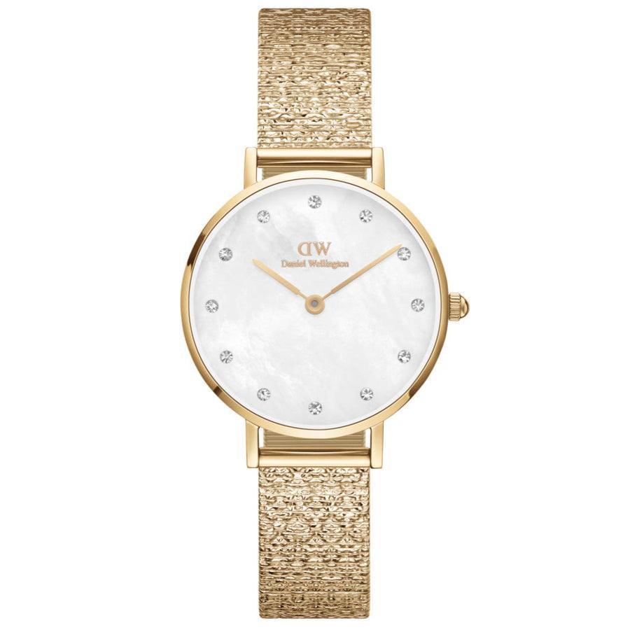 Daniel Wellington Petite Lumine 28 mm, gouden horloge met parelmoer wijzerplaat en mesh band. ModelDW00100594.