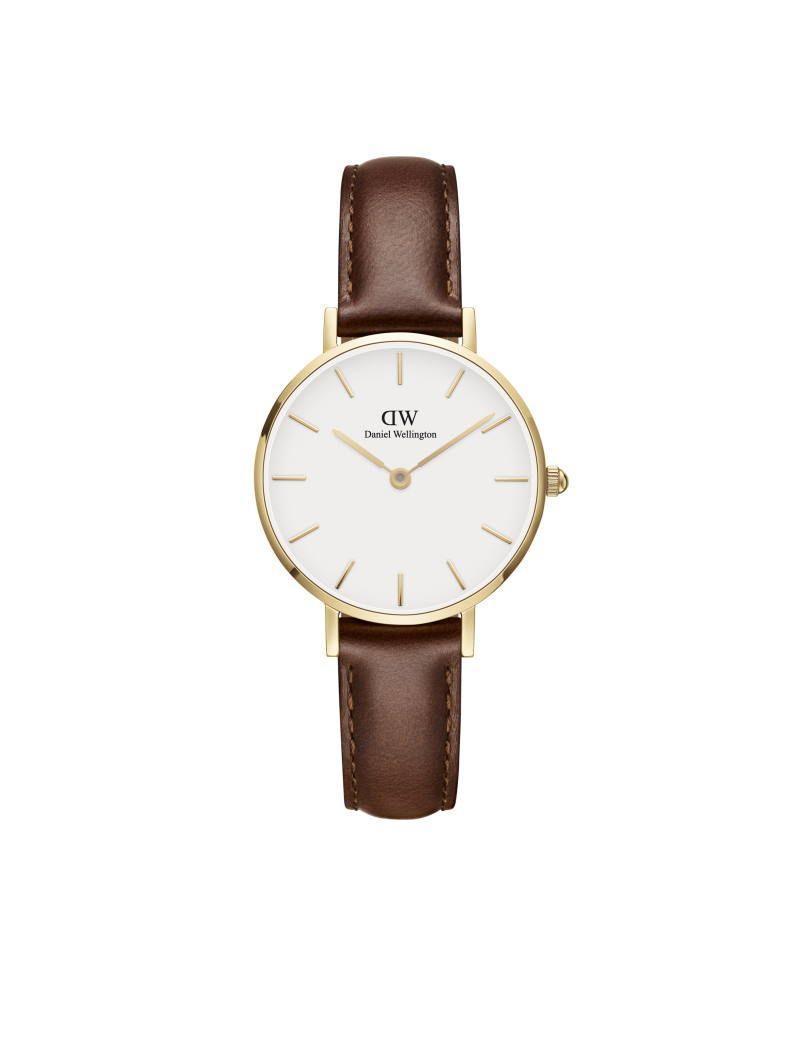Daniel Wellington Petite St Mawes 28 mm met witte wijzerplaat, gouden kast en bruin leren band. ModelDW00100552.