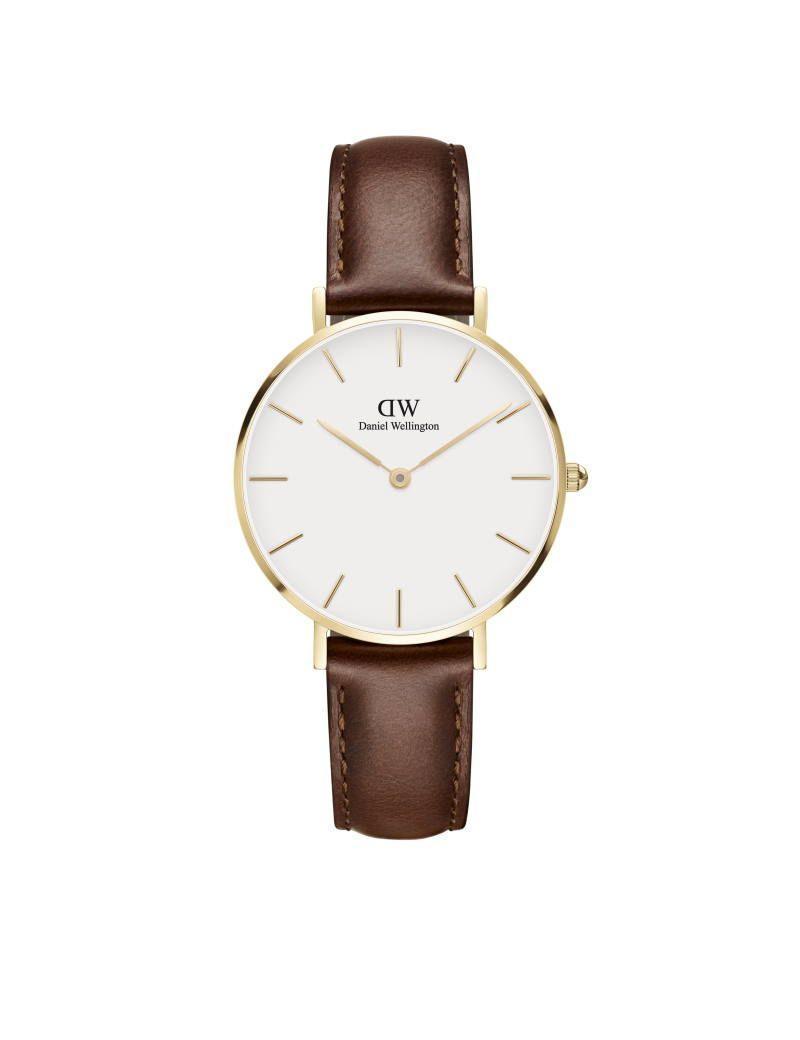 Daniel Wellington Petite St Mawes 32 mm met witte wijzerplaat en bruinleren band, klassiek design. ModelDW00100550