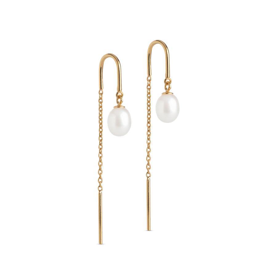 enamel eleanor pareloorbel, elegante oorbellen in goud met ketting en witte zoetwaterparel. ModelE308G-E308G-1