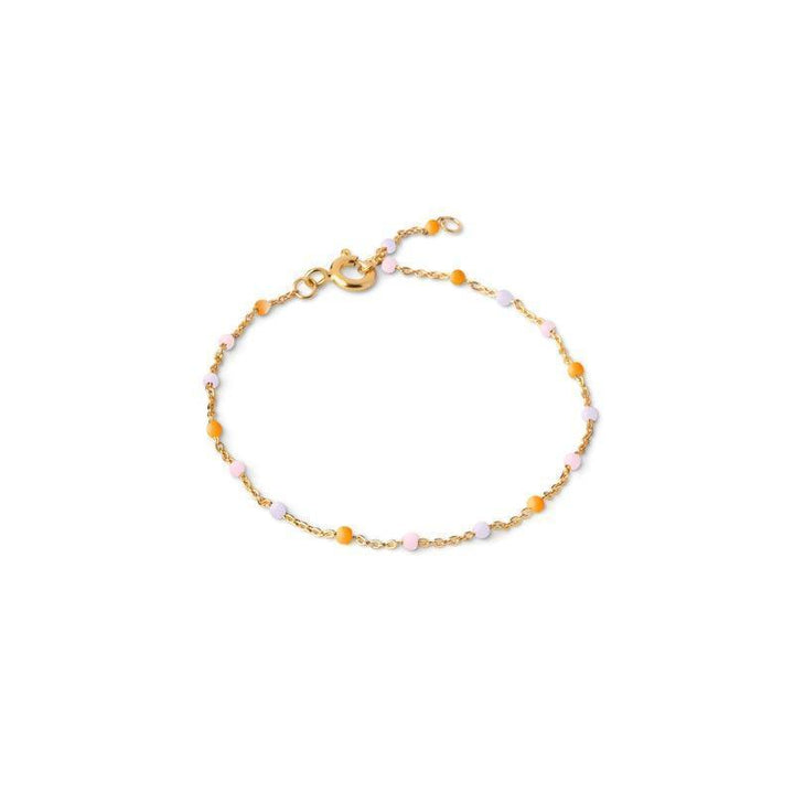enamel lola vergulde armband B66G HEAVENLY met kleine pastelparels in geel en paars aan een fijn kettinkje, Model B66G-HEAVENLY-1